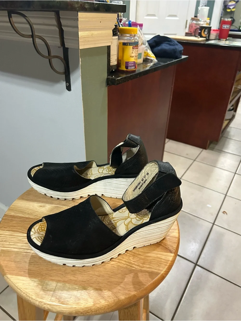 FLY London Black Open-Toe Wedge Sandals